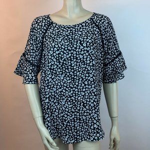 LOFT Black White Mix Media Floral Blouse  XL
